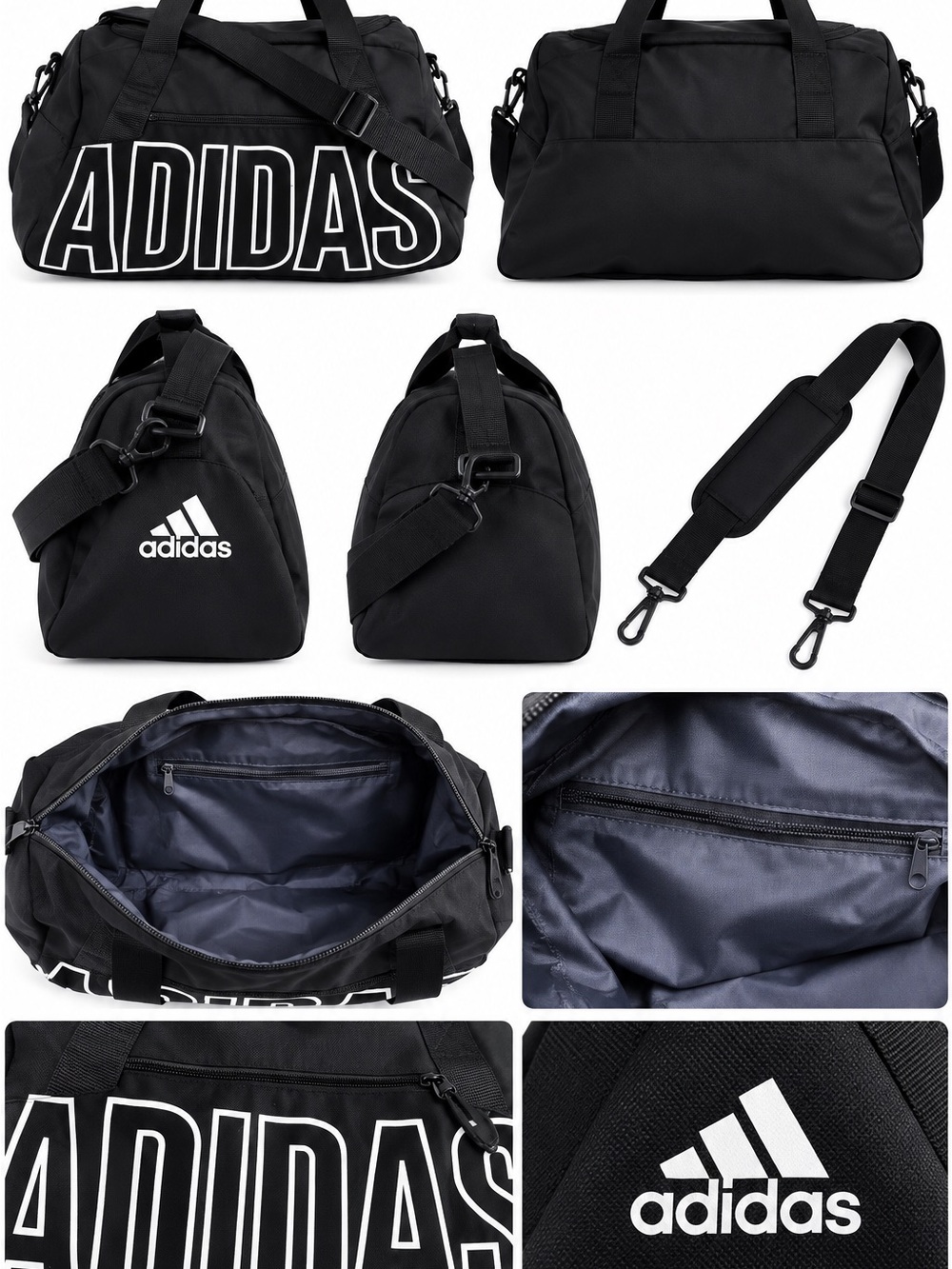 adidas Defender Black Duffel Gym Bag Large White Logo Adjustable Shoulder Strap